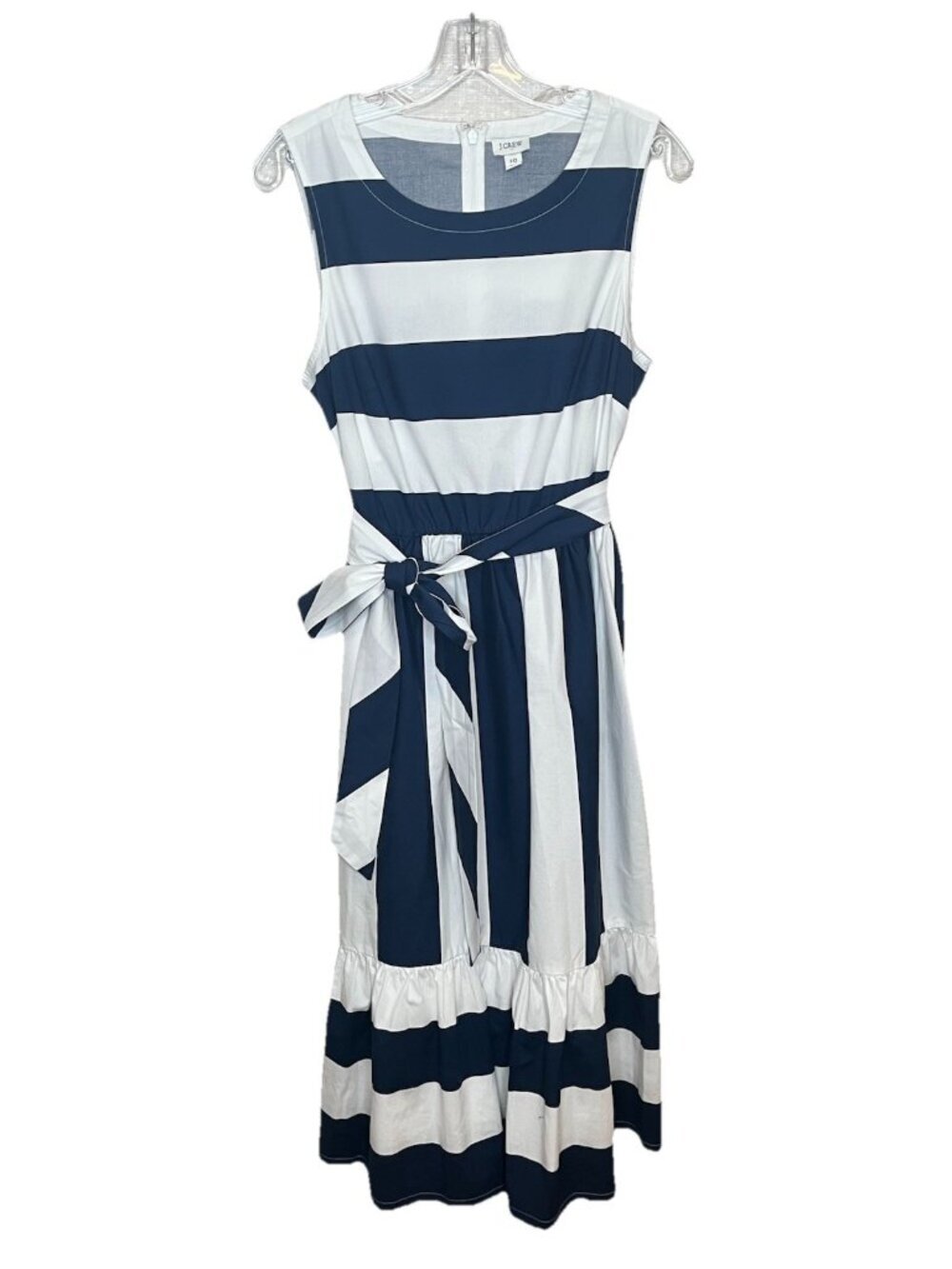 J Crew Sz 10 Navy White Striped Midi Dress Coastal Nautical Belt Cotton Preppy